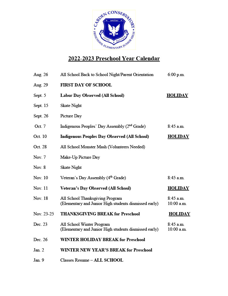 Carden Conservatory Preschool Calendar